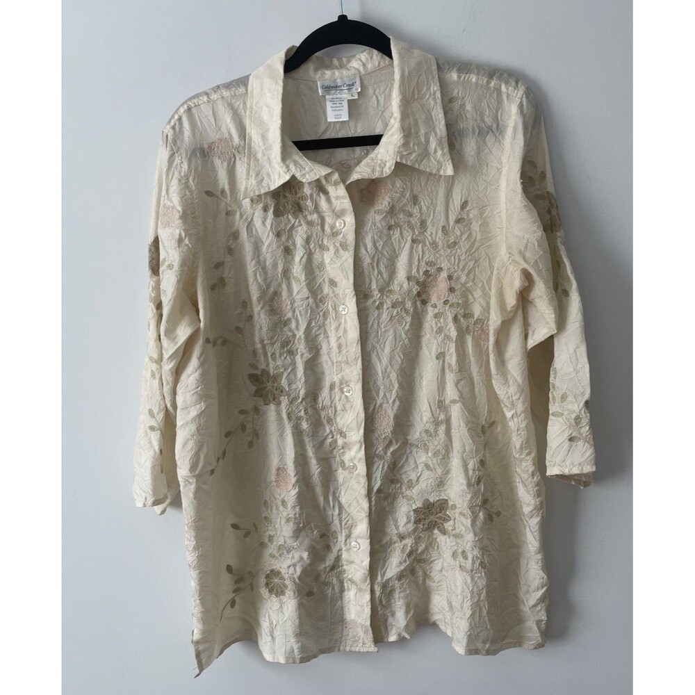 Coldwater Creek Large 100% Silk Embroidered Blouse Top Cream neutral vintage